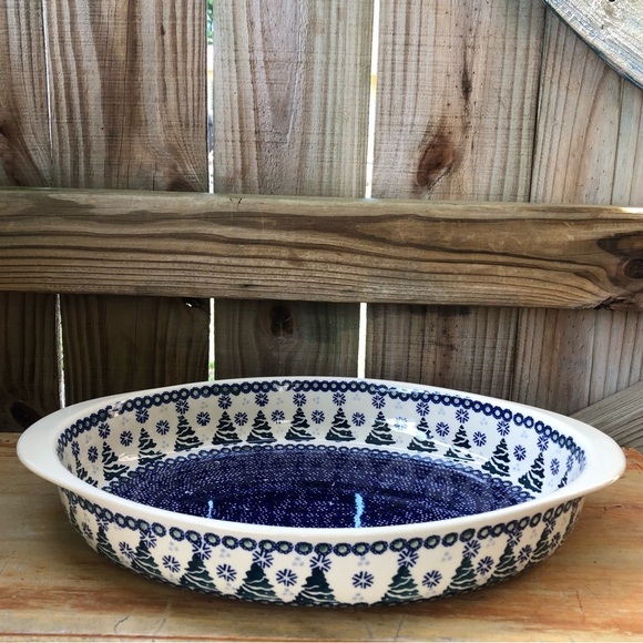 Polish Pottery Hand Painted Green Trees Oval Casserole Baking Dish with Handles